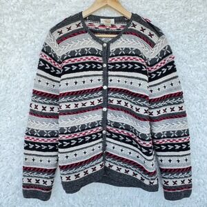 Talbots Small Hand Knit Wool Fair Isle Cardigan Sweater Gray Red Grannycore‎ VTG